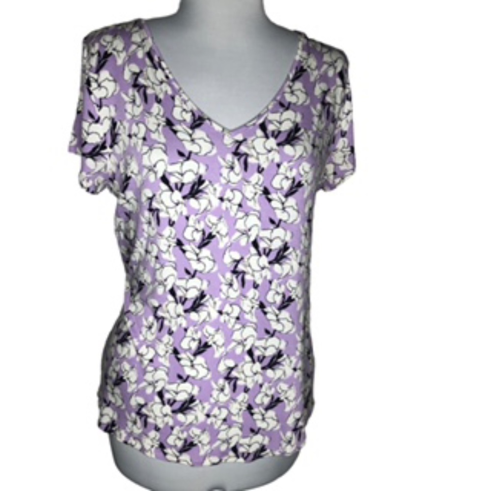 WHBM Floral Print V- Neck Short Sleeve Relaxed Fit Top Size M